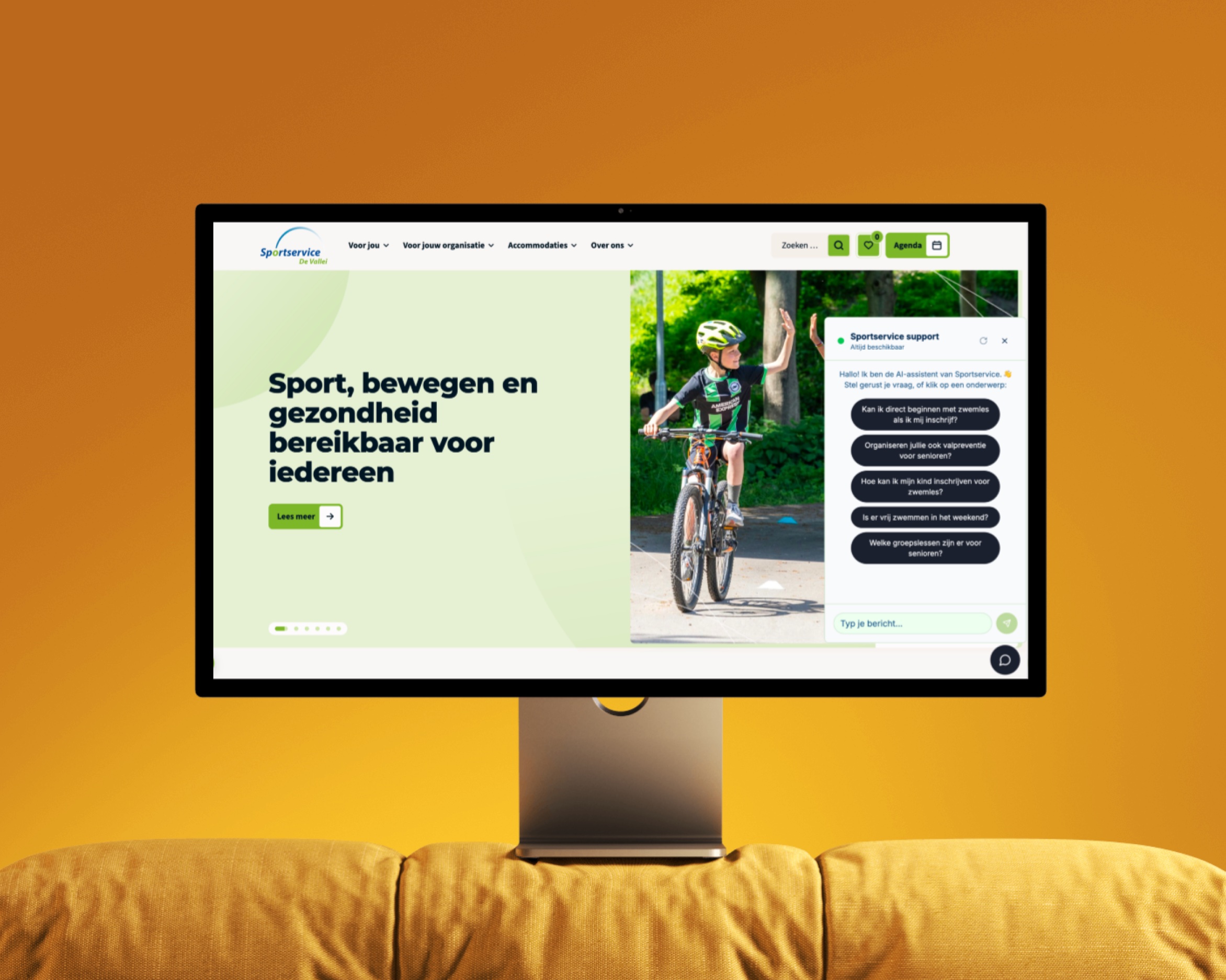 Sportservice De Vallei AI-supportchatbot mockup op desktop met chat-widget zichtbaar