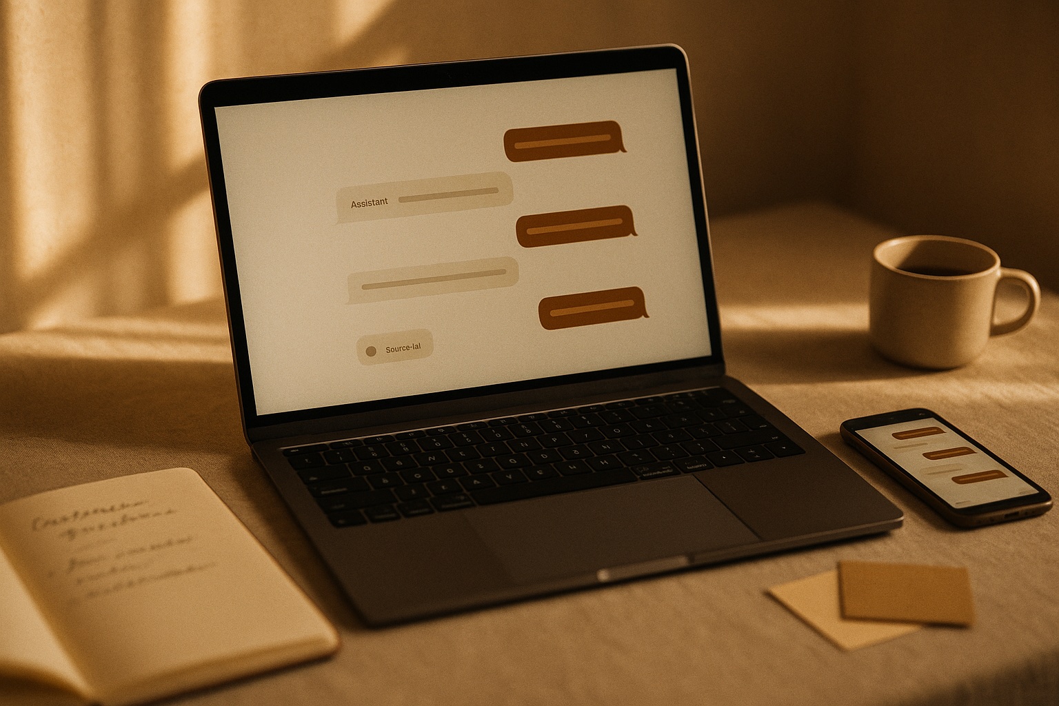 Open MacBook met een chat-thread van meerdere amber en cream bubbels, daarnaast een smartphone die dezelfde conversatie doorlopend toont, een open notitieblok met klantvragen en een koffiekop in warm namiddaglicht.