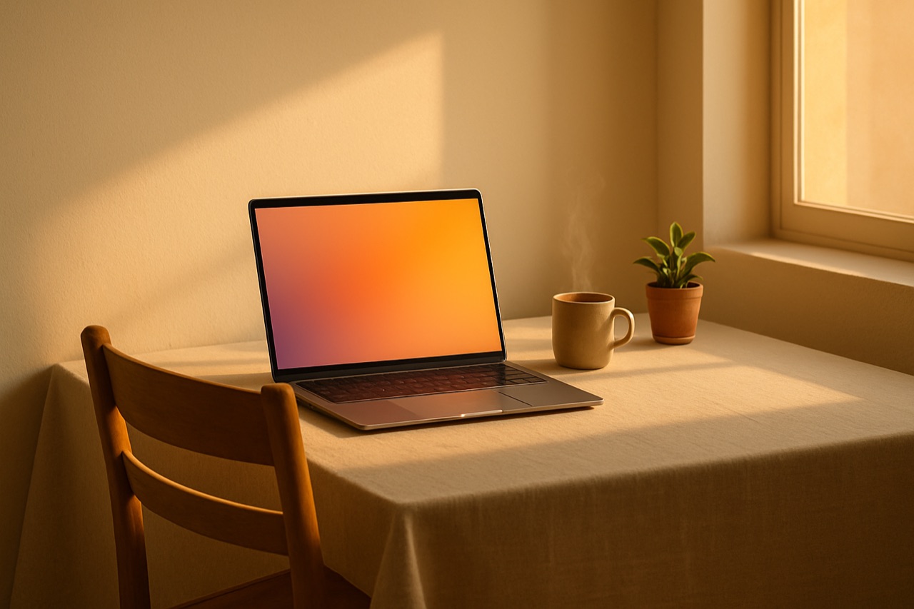 Lege bureaustoel bij een zonbeschenen bureau met een open laptop dat zacht gloeit, koffiekop en plant ernaast.