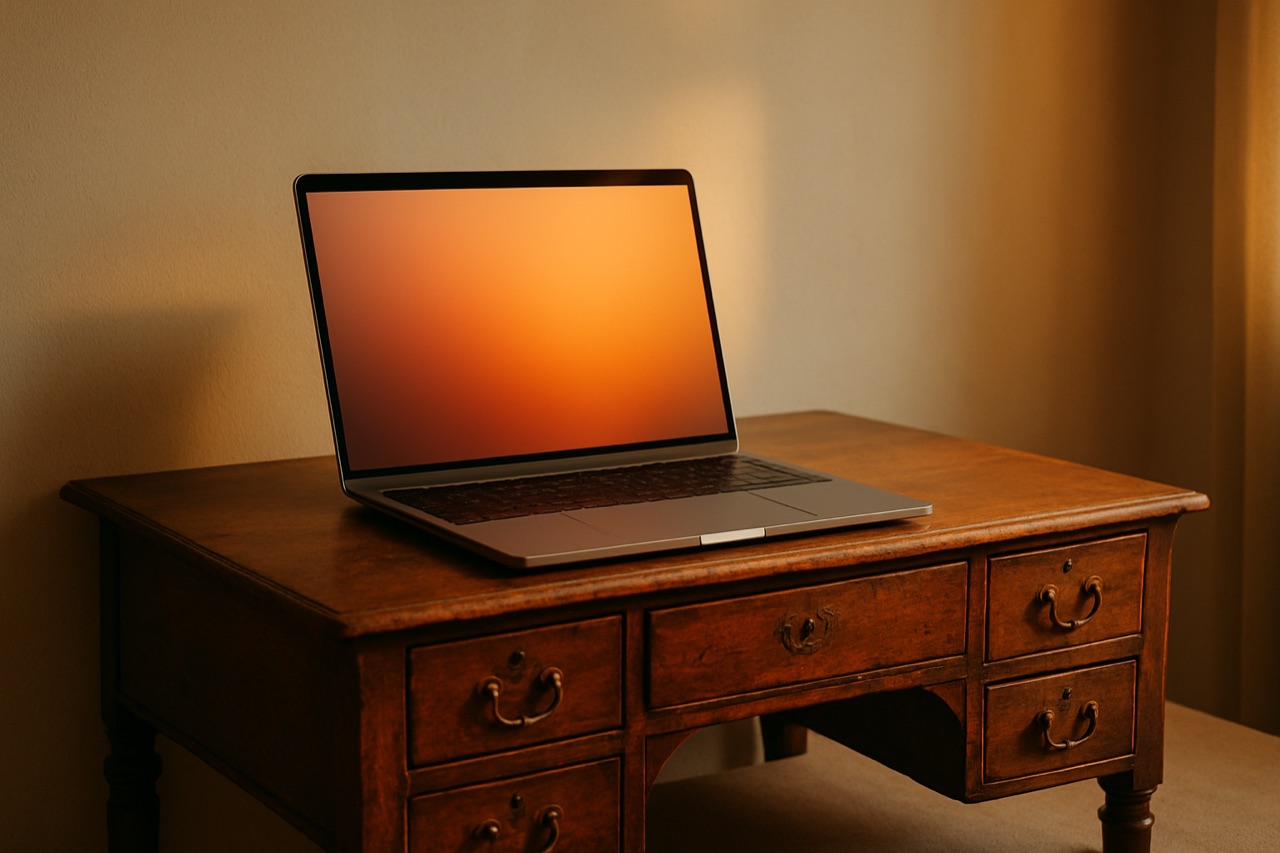 Moderne laptop bovenop een vintage houten schrijfbureau met messingbeslag, in warm namiddaglicht.