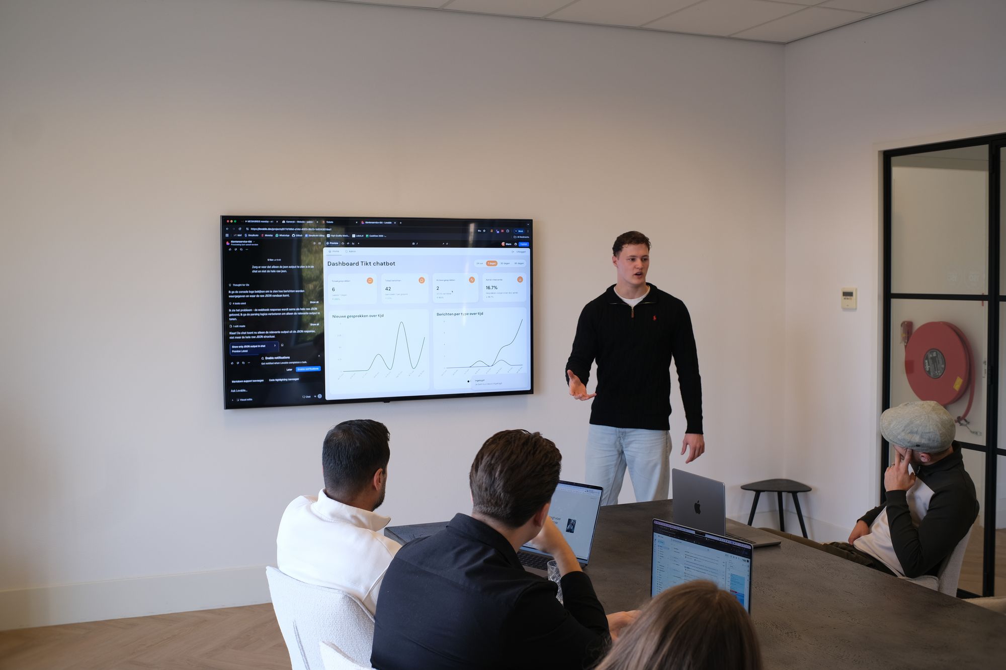 Jongeman in zwarte trui geeft presentatie in lichte vergaderruimte met scherm en vier luisteraars