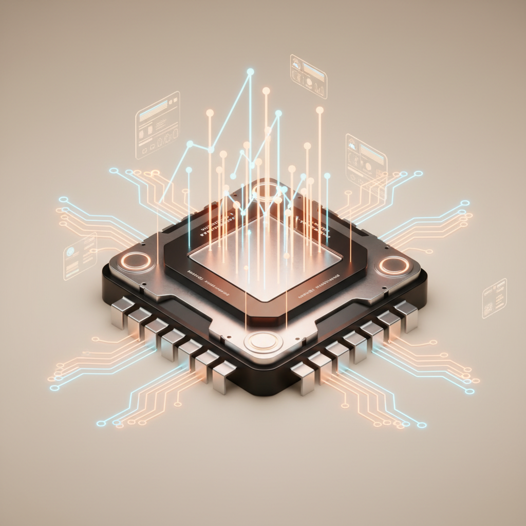 Moderne vierkante microchip met metallic glans en digitale netwerkverbindingen in blauw en oranje