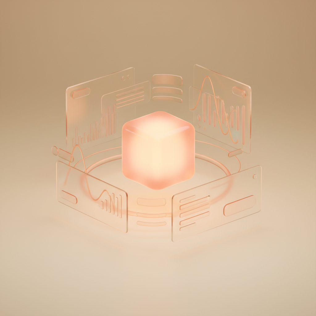 Futuristisch abstract ontwerp met zwevend verlicht vierkant en transparante panelen met grafieken