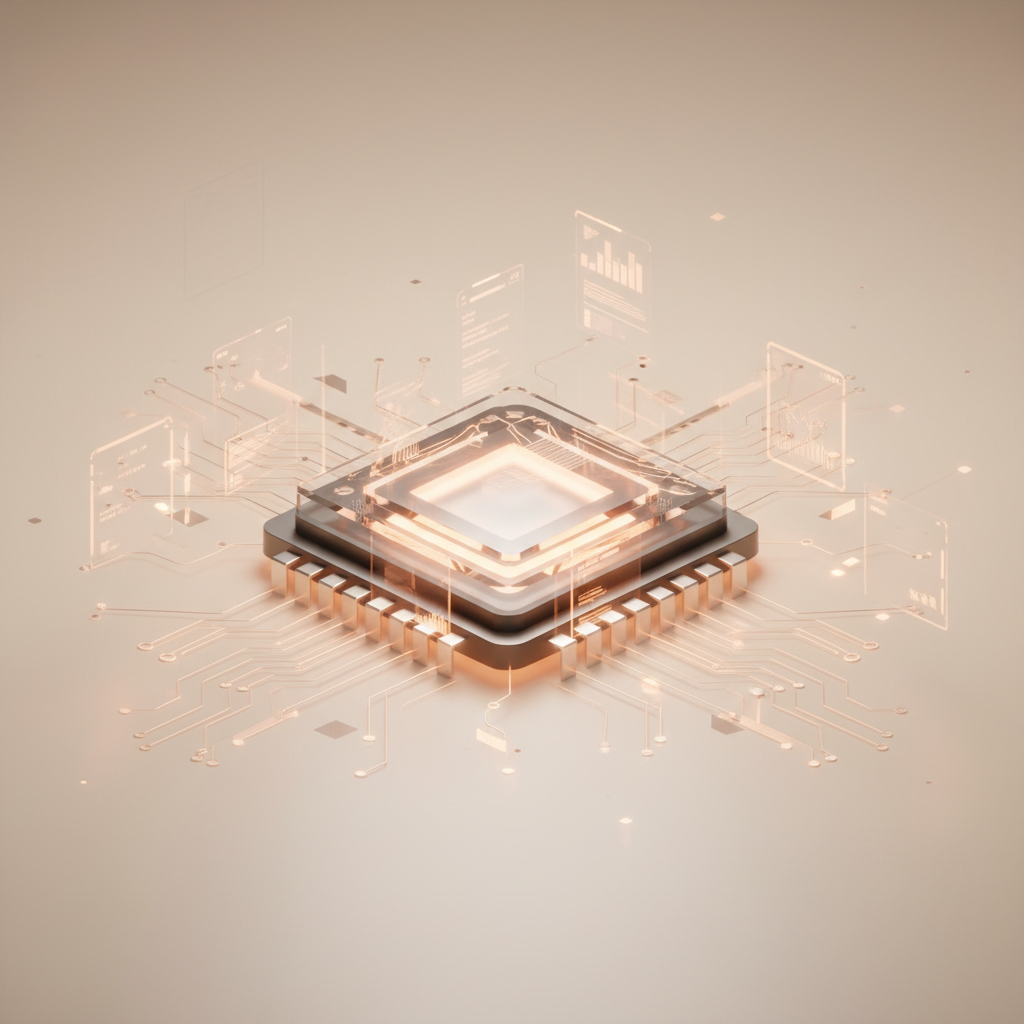 Gedetailleerde microprocessor in het midden, omgeven door een netwerk van circuits en digitale grafieken.