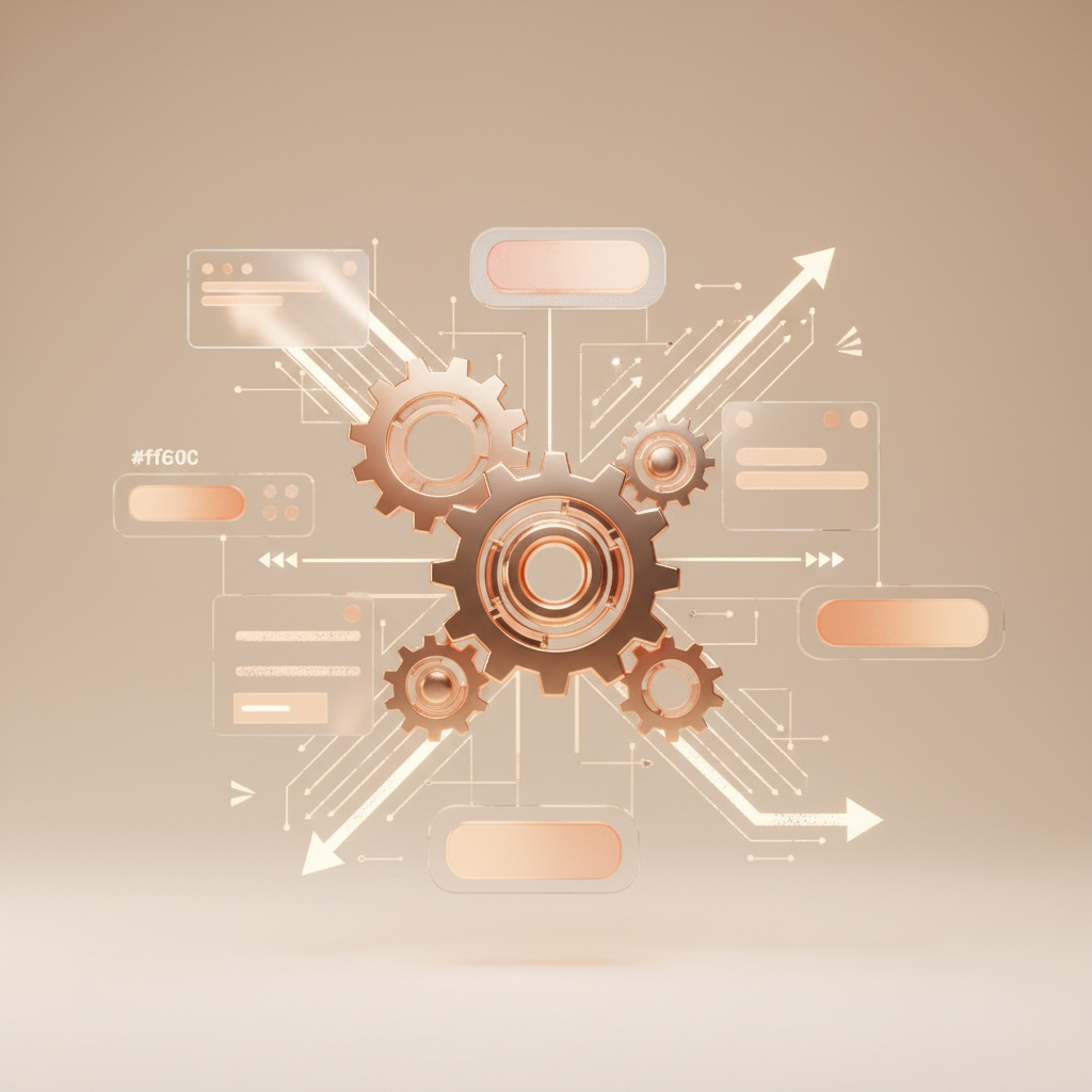 Abstracte compositie van een groot bruin tandwiel met kleinere tandwielen en datavisualisaties
