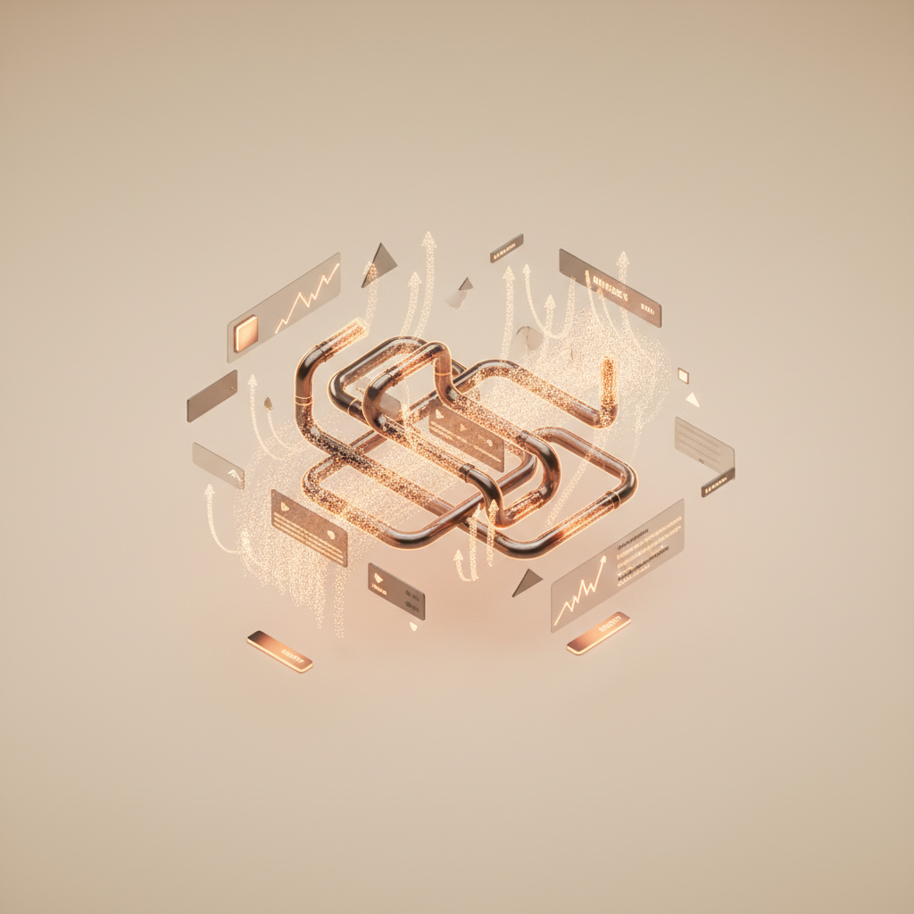 Abstracte digitale compositie van glanzende metalen buizen met grafieken in goudbruine tinten