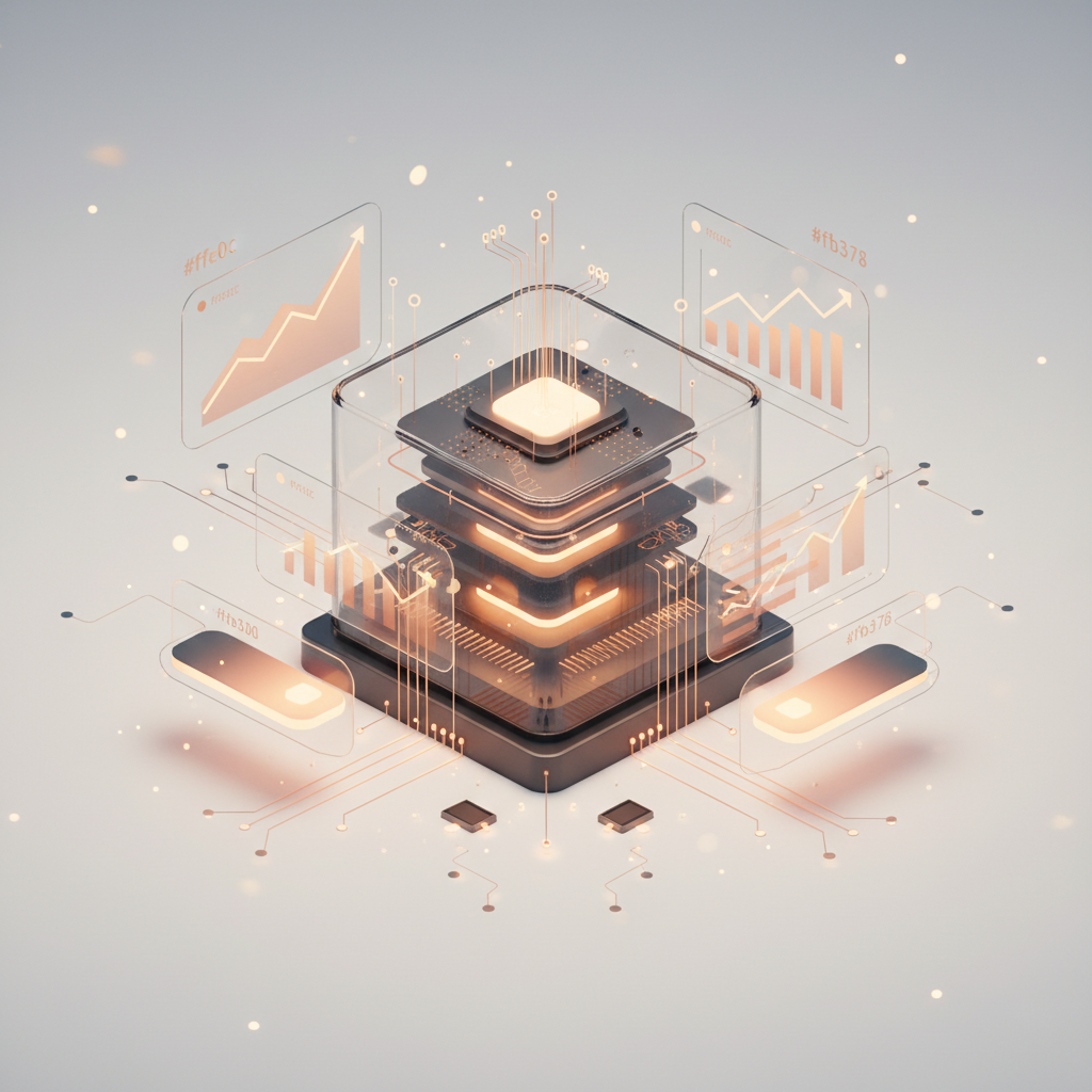 Abstracte weergave van een computerchip met doorzichtige lagen en grafieken eromheen