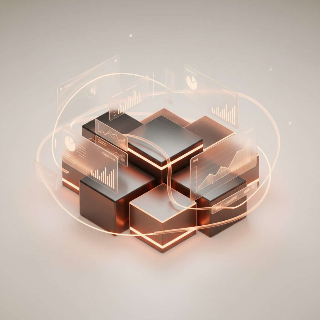 Abstracte afbeelding met blokken en datavisualisaties zoals grafieken en diagrammen tegen lichte achtergrond