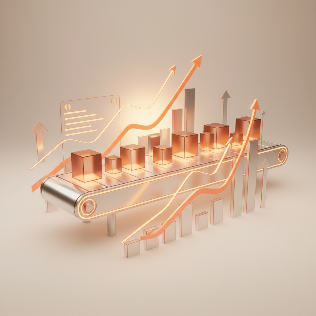 Abstracte grafiek met koperkleurige blokken op transportband en oranje stijgende lijnen
