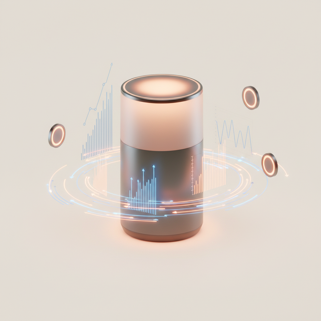 Abstract cilindrisch object met oplichtende bovenkant en blauwe datavisualisaties ertussen