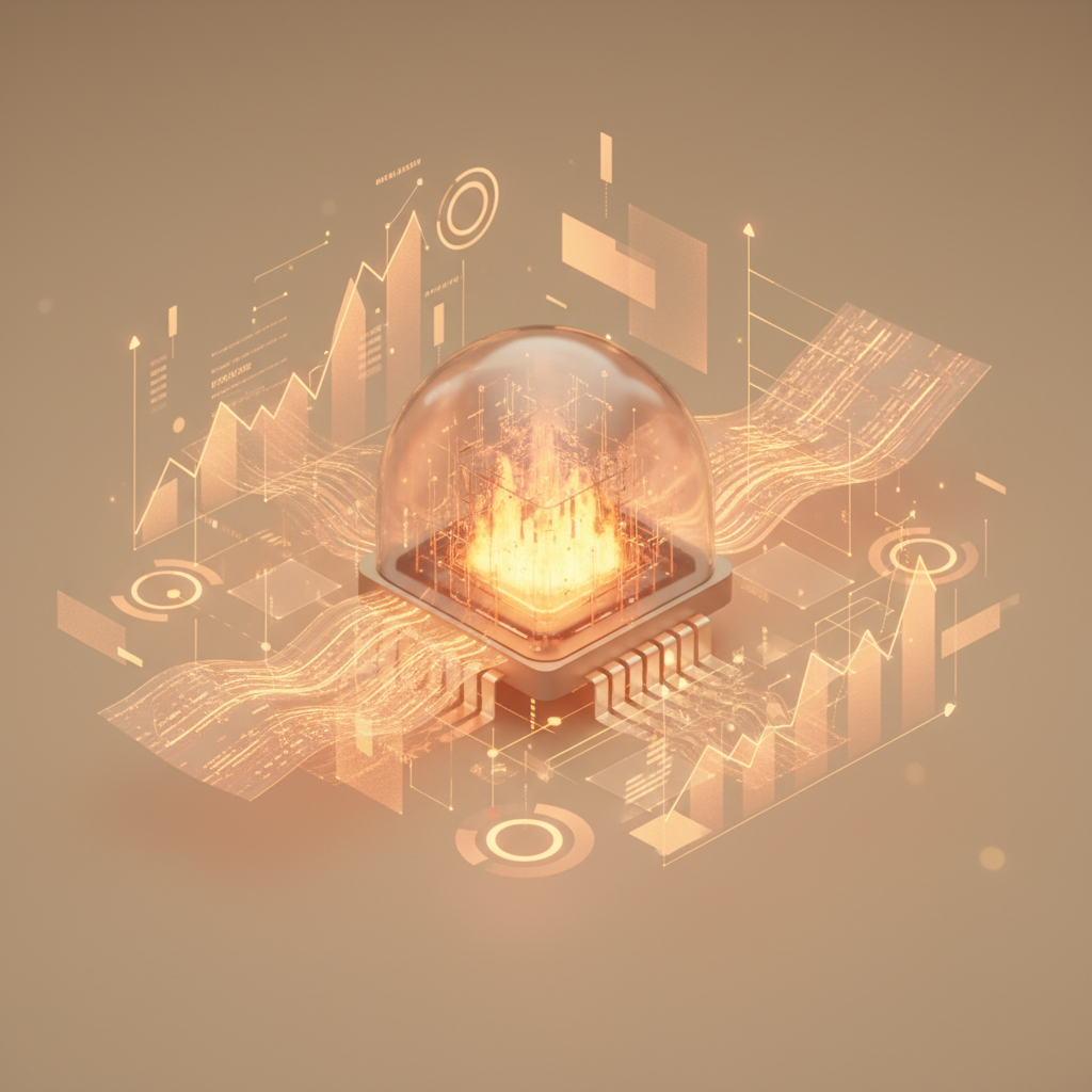 Abstracte computerprocessor met glazen koepel en vlammen, omringd door grafieken en datavisualisaties