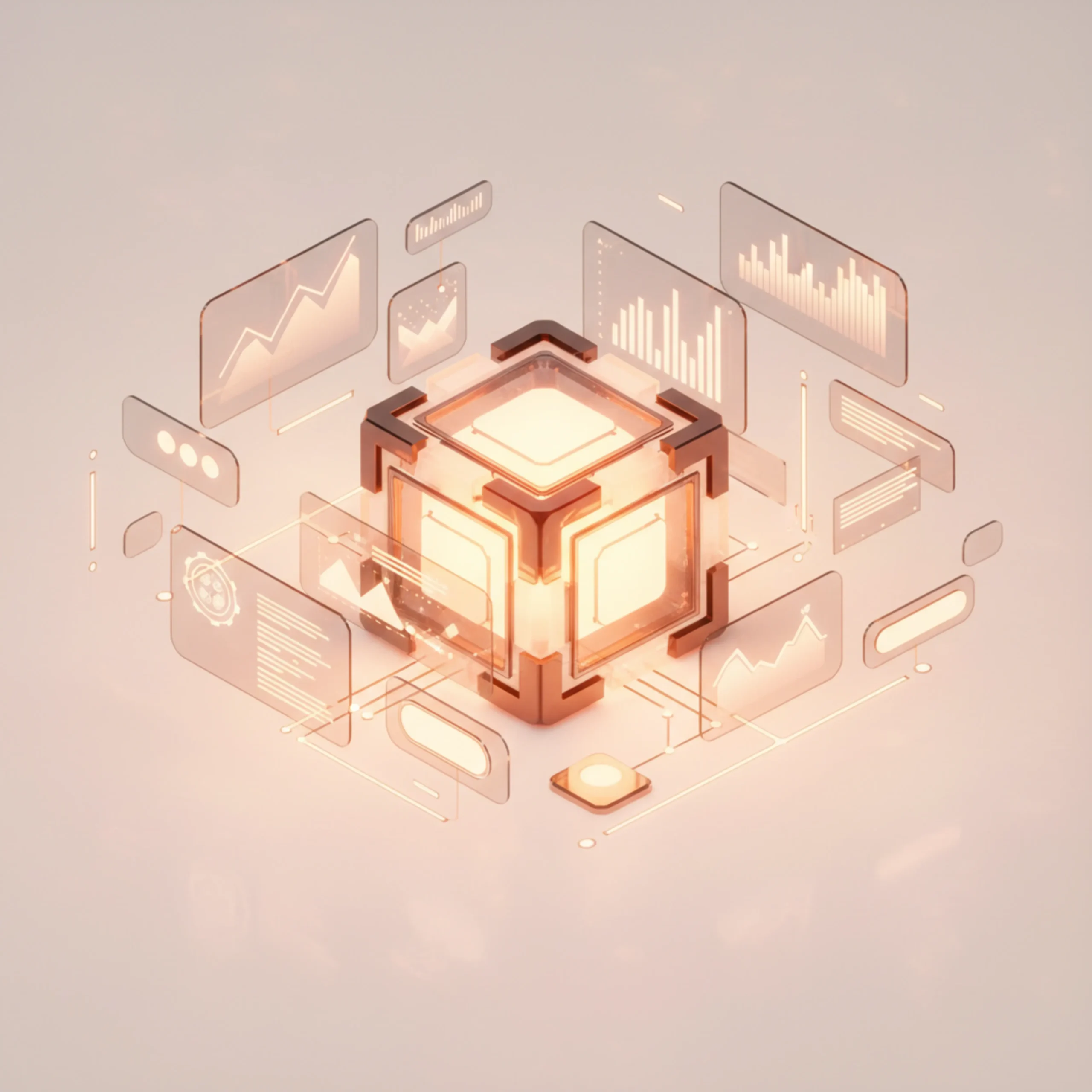 3D-cube met warme gloed, omringd door transparante grafische elementen met grafieken en tekstvakjes