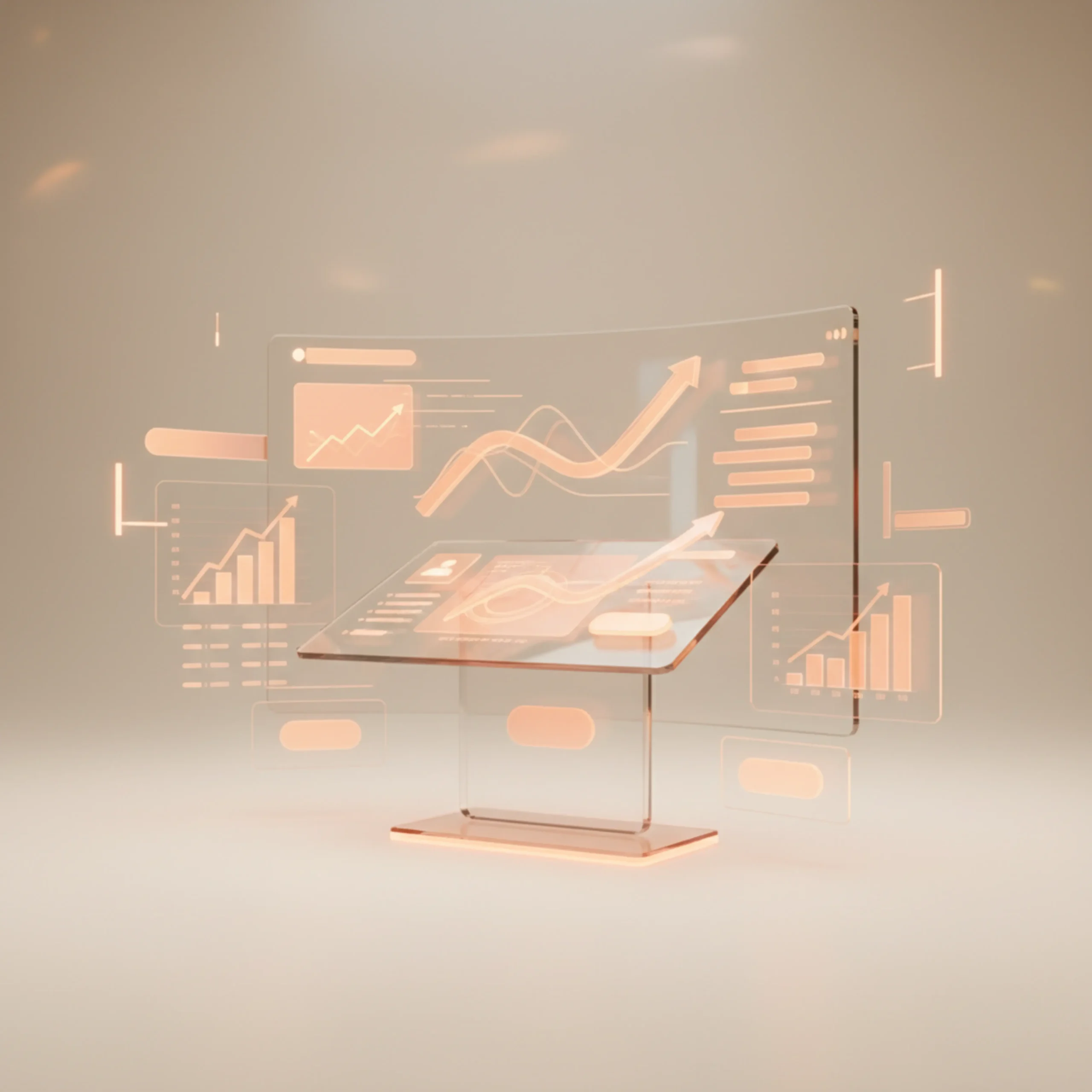 Futuristisch transparant display met oranje gloed en digitale grafieken zoals lijngrafieken en staafdiagrammen.
