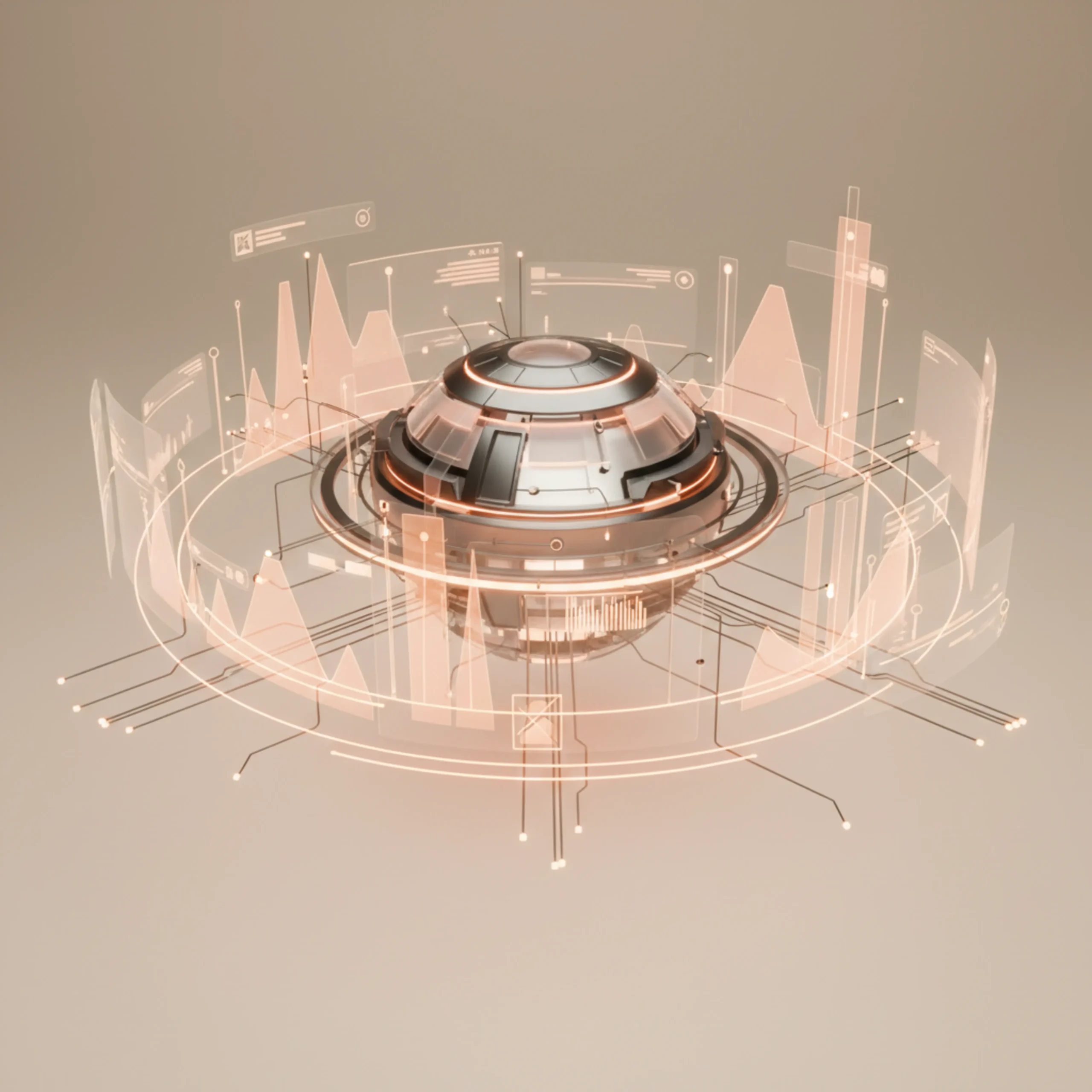 Futuristisch rond metallic object met centrale koepel en digitale grafieken in roze en oranje tinten