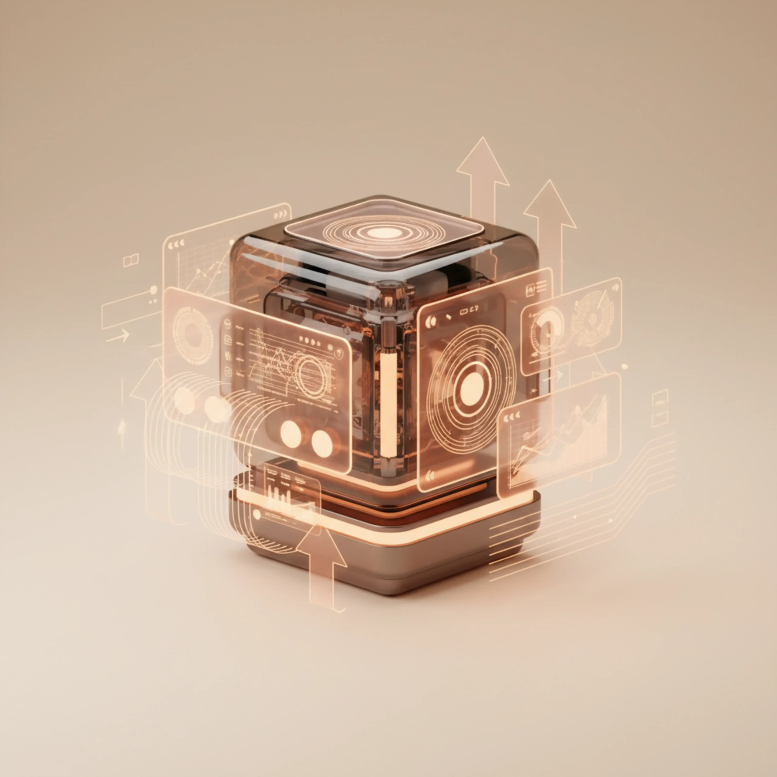 Futuristisch transparant vierkant object met meerdere glazen lagen en digitale grafische elementen