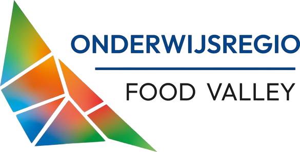 Logo met kleurrijke geometrische parelvorm en tekst 'ONDERWIJSREGIO' en 'FOOD VALLEY' in blauw en donker