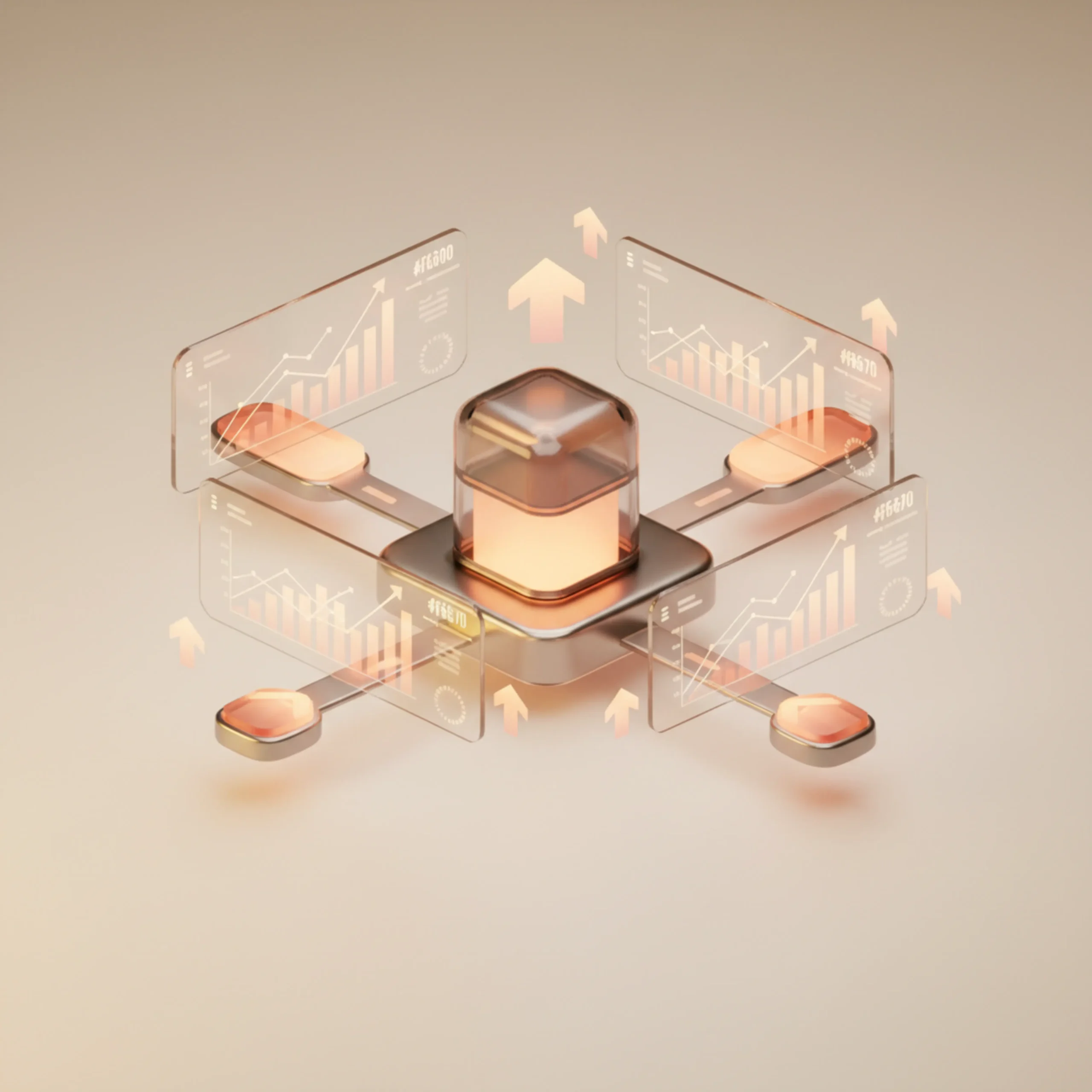 Abstracte futuristische data visualisatie met glazen zeshoek en zwevende grafieken met opwaartse pijlen