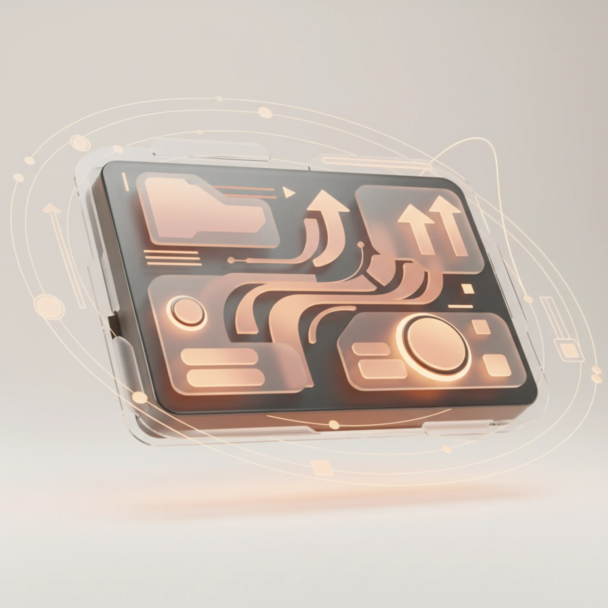 Futuristisch apparaat of paneel met oranje gloed, abstracte lijnen en symbolen op lichte achtergrond