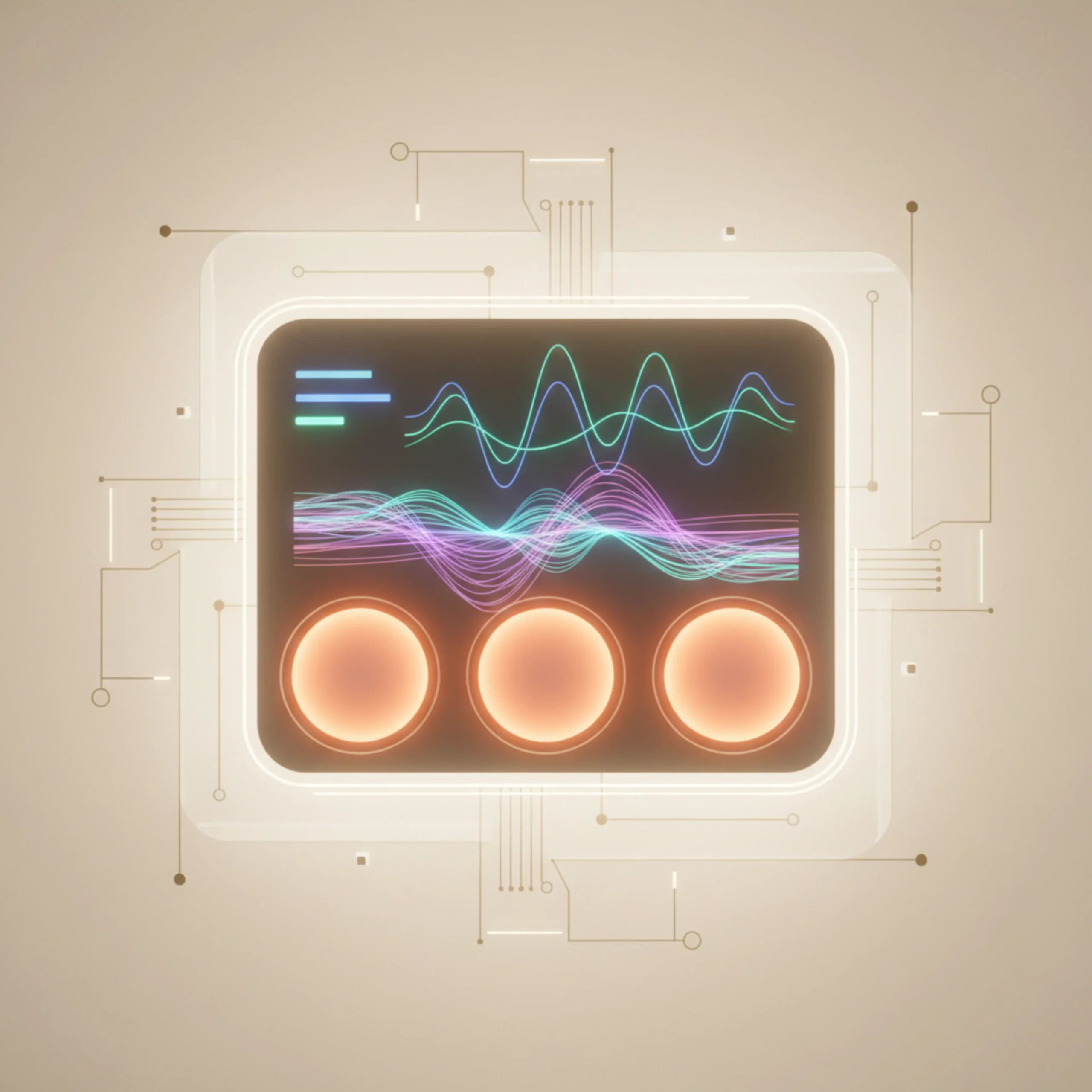 Grafisch display met gekleurde golfvormen en drie lichtbruine knoppen op een neutrale achtergrond