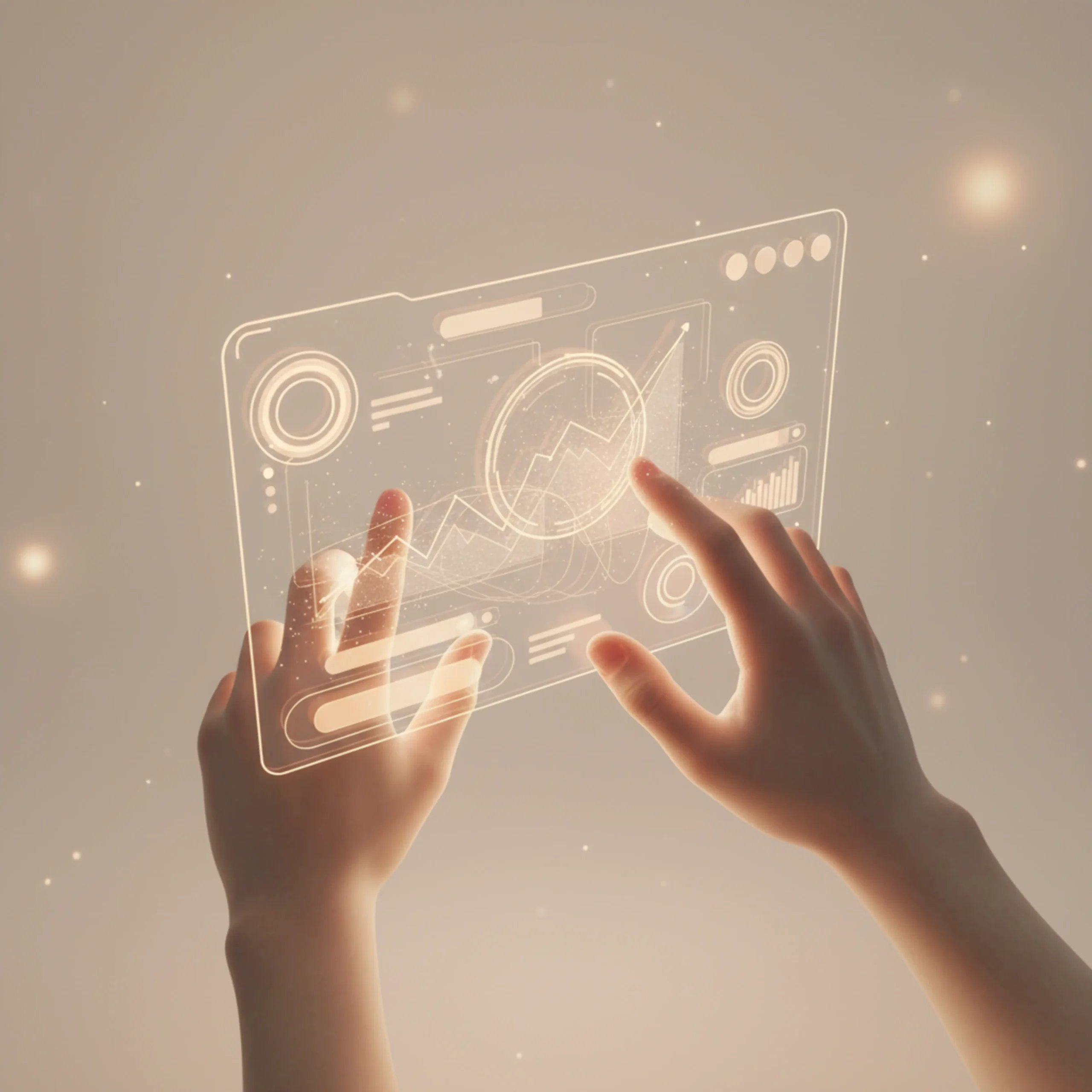 Handen die een zwevend holografisch scherm bedienen met grafieken en statistische data